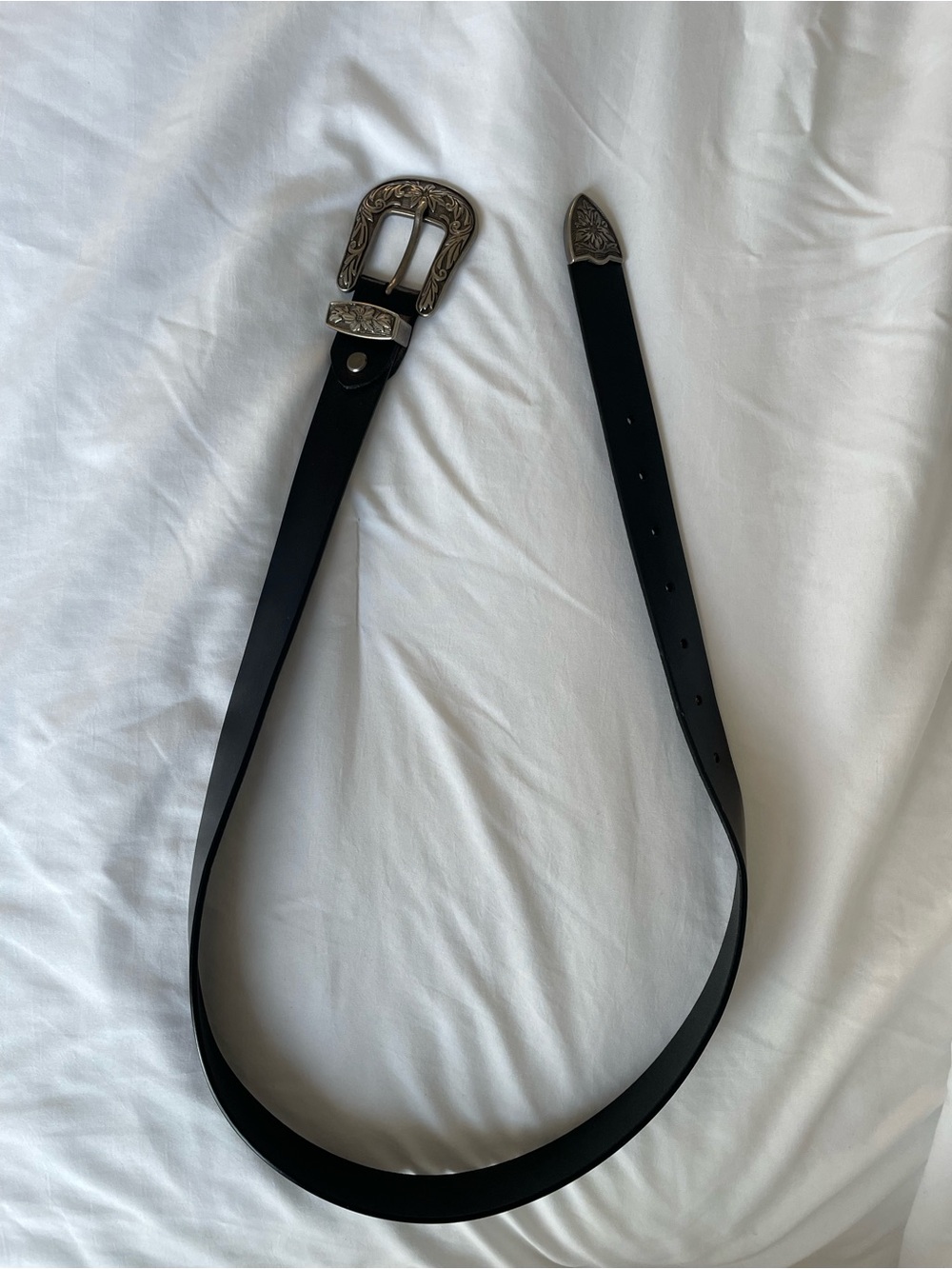 Black Western-Style Leather Belt with Decorative Silver Buckle